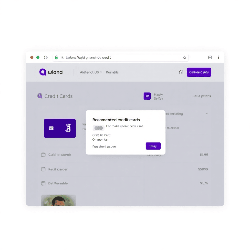 browser extension interface showing credit card recommendation at checkout, modern UI design with purple accents